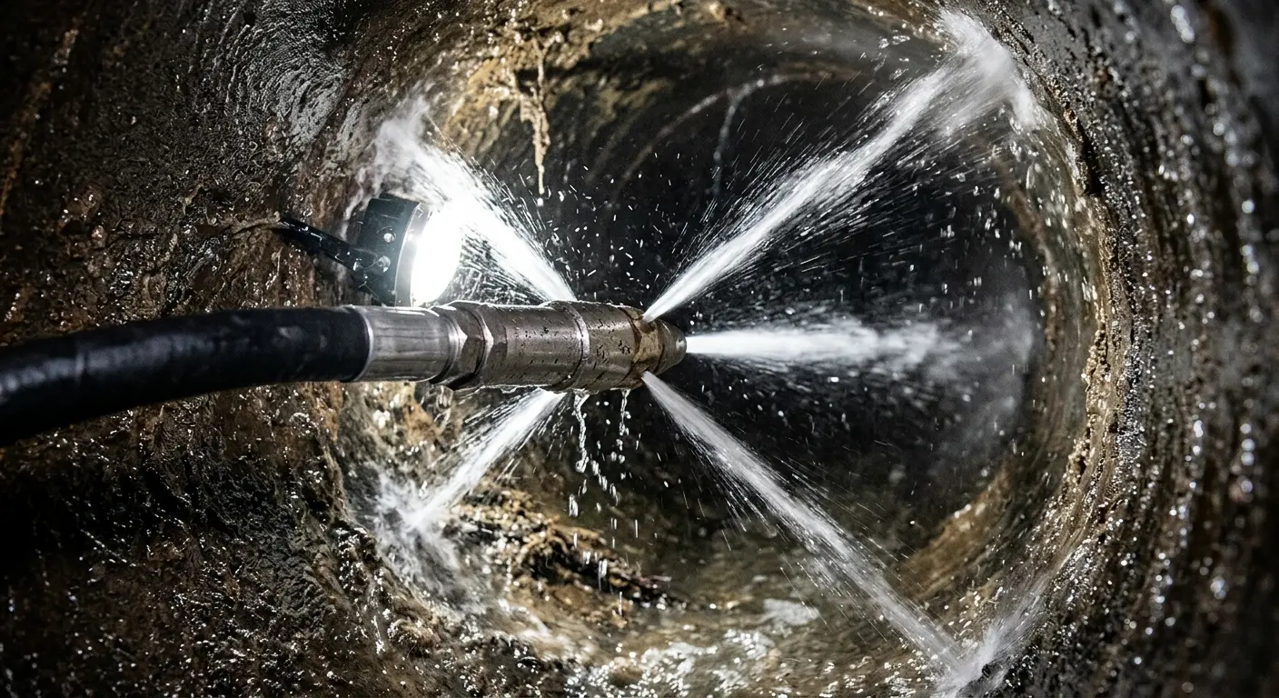High-pressure hydro jetting nozzle cleaning sewer pipe for Trenchless Sewer Repair in Bayville