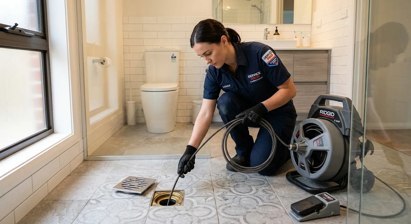 Technician clearing a bathroom floor drain for Clogged Drain Repair in Bayville